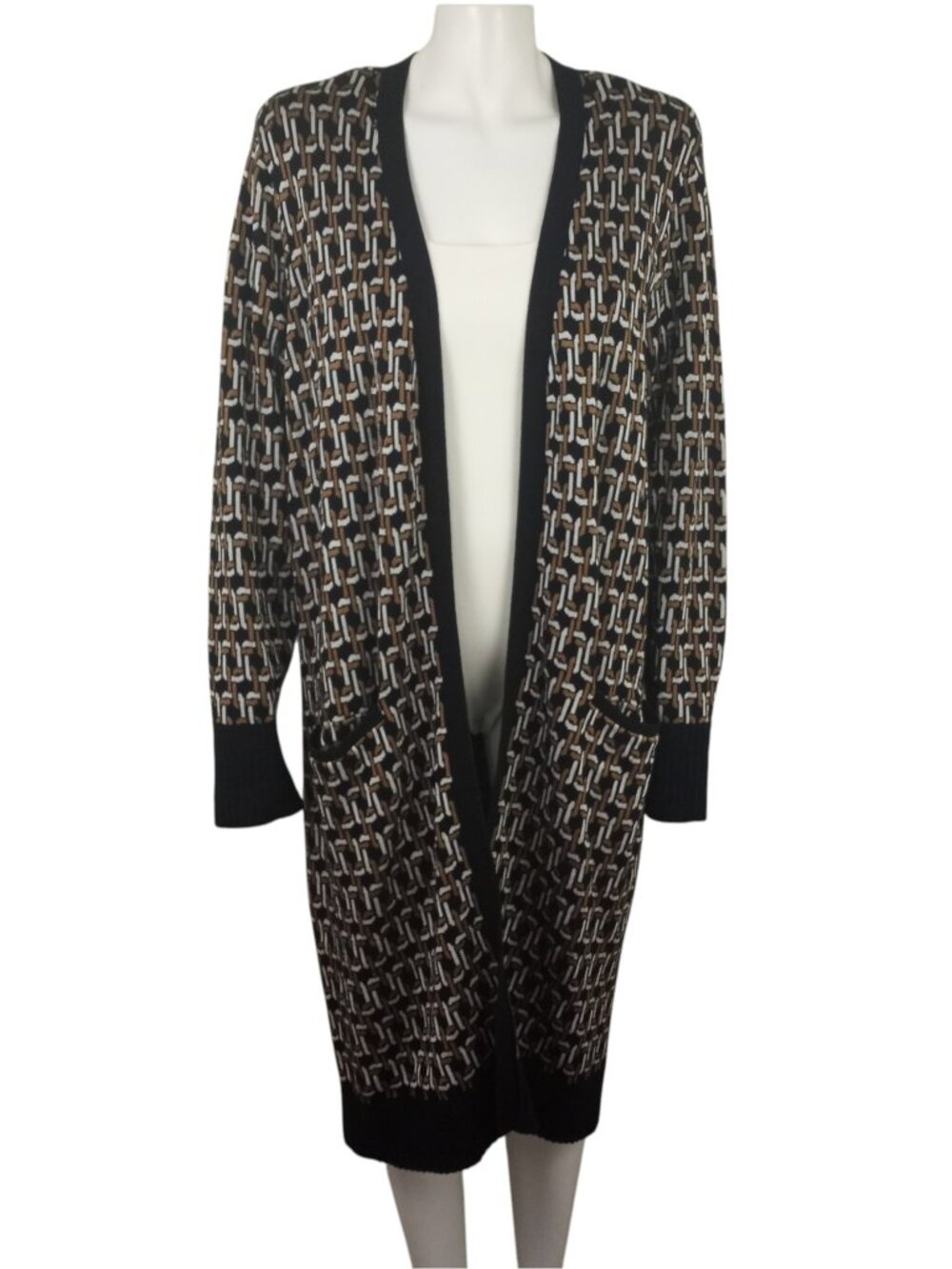 Chicos 3 XL 16 Open Duster Cardigan Black Multi Geometric Jacquard Long Sleeve